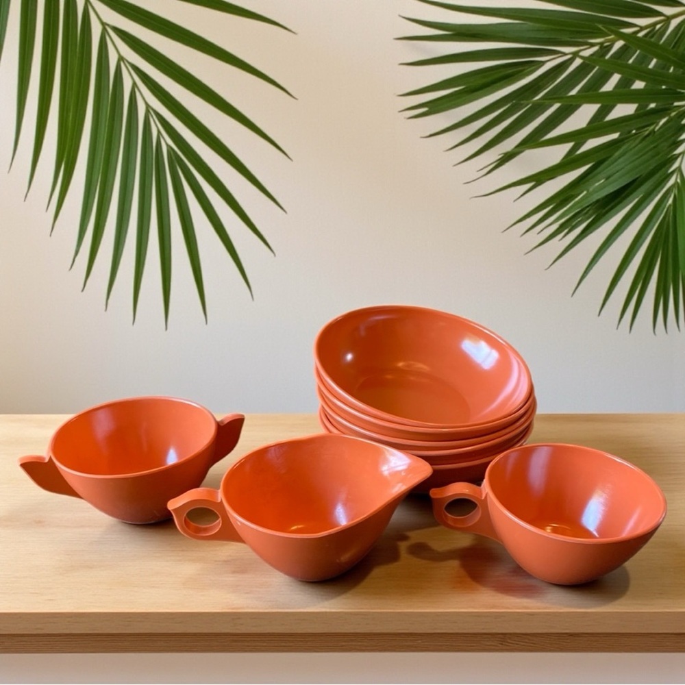 Vintage 1970s Orange Melamine Soup Bowls & Cups Set of 8 - Mid-Century Modern